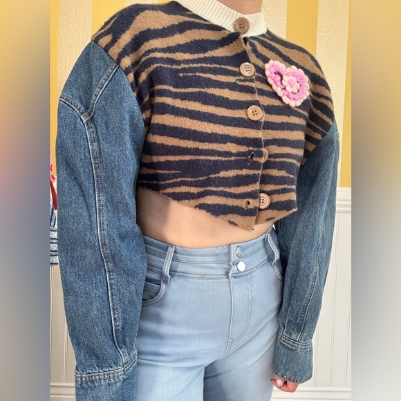 Striped Mix Fabric Denim Sleeve Jacket - Picture 6 of 6